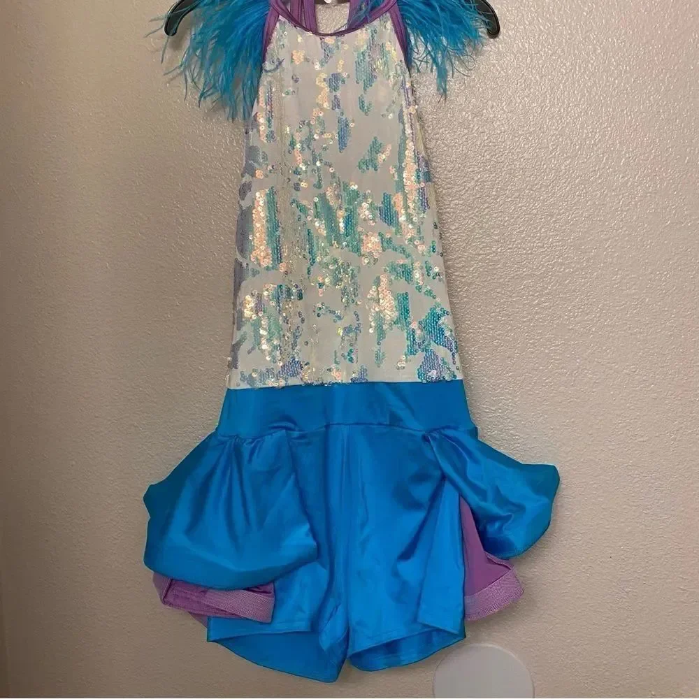 Weissman Dance Costume sassy feather sequin We Are Family 11495 Adult LA, MA